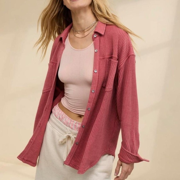 Aerie Anytime Fave Waffle Oversized Button Up Shirt Mauve - Picture 1 of 5